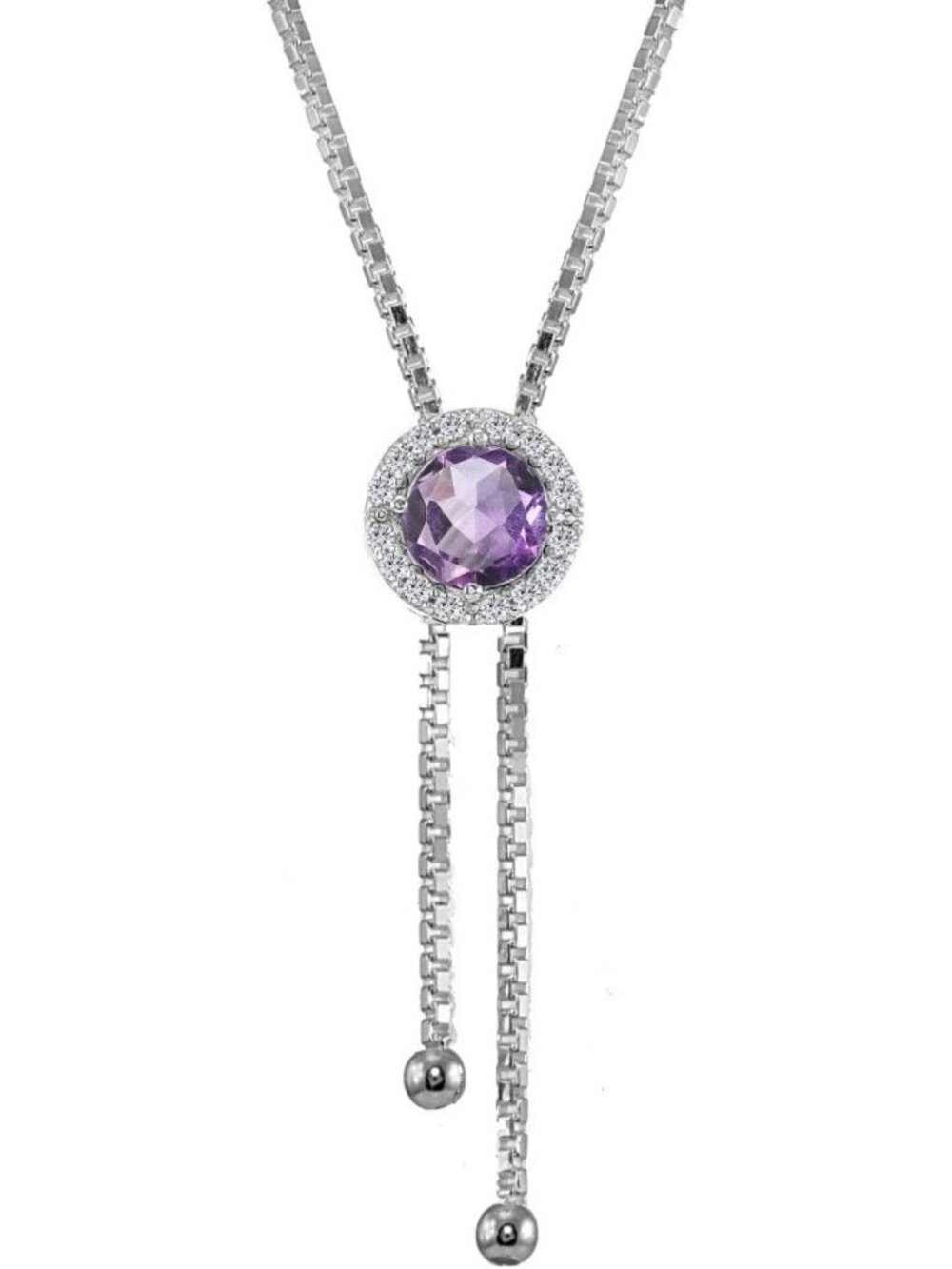 Genuine & Created Gemstone Round Halo Drop Adjustable Lariat Necklace in Silver